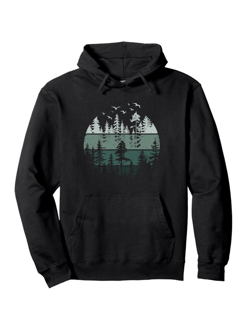 Men's Graphic Hoodie Serene Lake Reflections With Flying Birds Among Pine Trees Deer