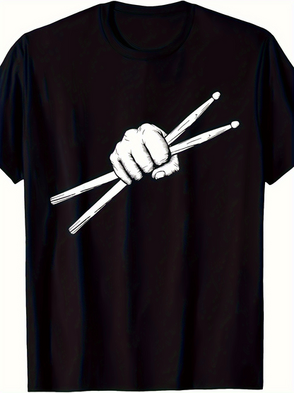 Men's Graphic T-Shirt Bold Hand Gripping Wooden Drumsticks Against Solid Background