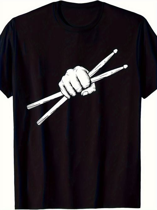 Men's Graphic T-Shirt Bold Hand Gripping Wooden Drumsticks Against Solid Background
