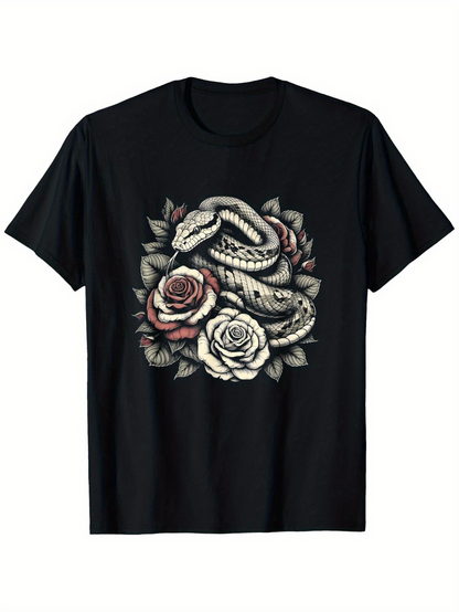 Men's Graphic T-Shirt Entwined Among Vintage Roses A Coiled Snake
