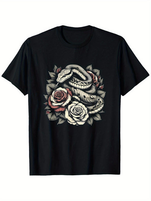 Men's Graphic T-Shirt Entwined Among Vintage Roses A Coiled Snake