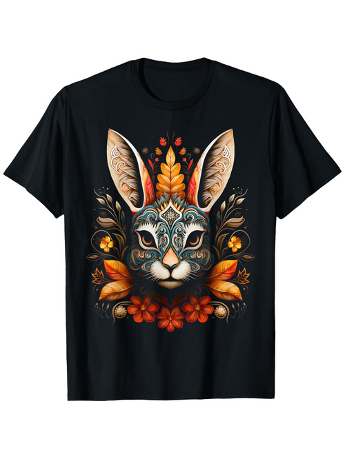 Men's Graphic T-Shirt Floral Ornaments With Autumn Leaves Surrounding Symmetrical Animal Bunny