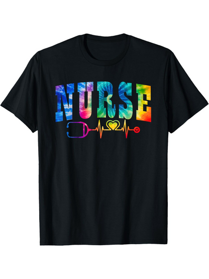 Men's Graphic T-Shirt Nurse Colorful Tie Dye Letters With Stethoscope And Heartbeat Graphic Nurse