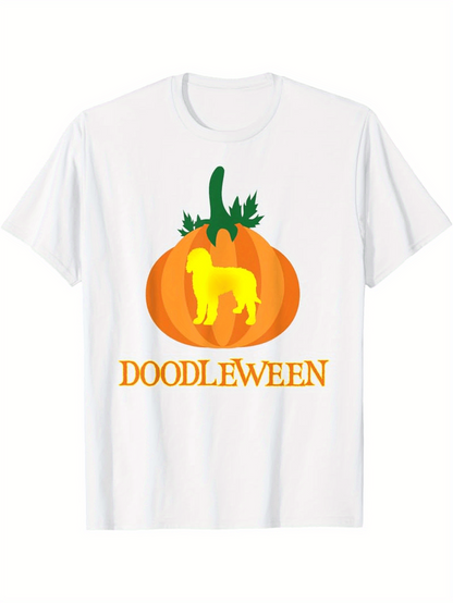 Men's Graphic T-Shirt Doodleween Golden Dog Silhouette With Bright Pumpkin And Green Leaves