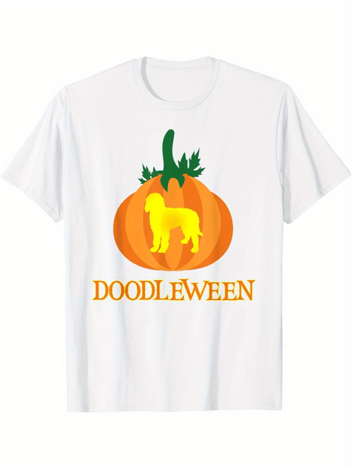 Men's Graphic T-Shirt Doodleween Golden Dog Silhouette With Bright Pumpkin And Green Leaves