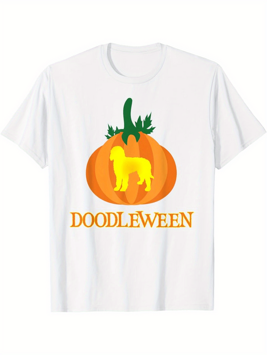 Men's Graphic T-Shirt Doodleween Golden Dog Silhouette With Bright Pumpkin And Green Leaves