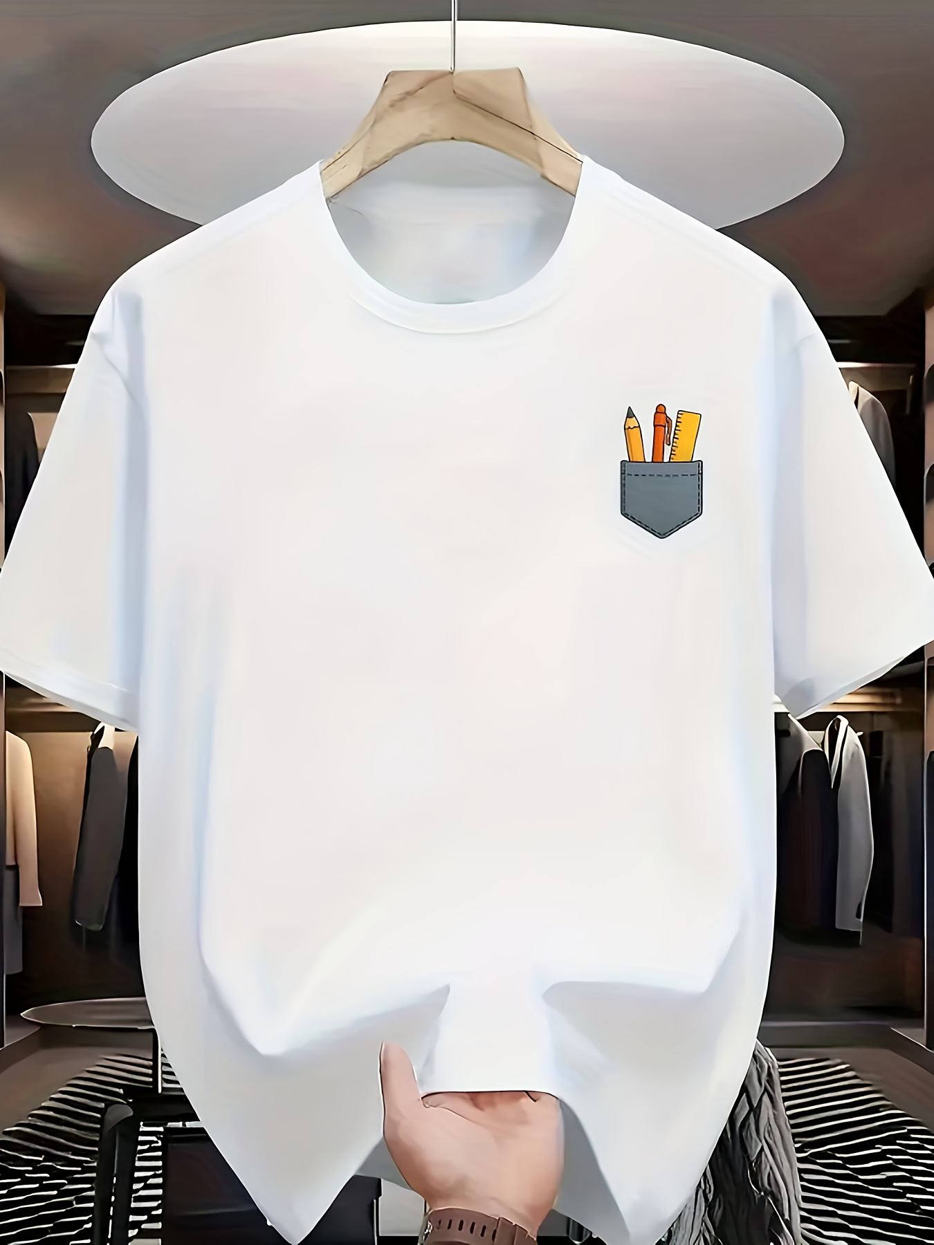 Men's Graphic T-Shirt Cartoon Pocket With Colorful Pencils On Crisp Cotton Fabric T Shirt
