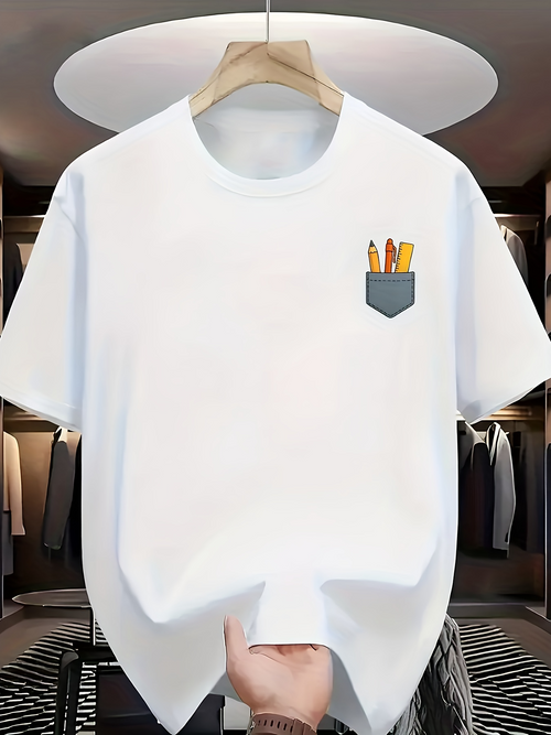 Men's Graphic T-Shirt Cartoon Pocket With Colorful Pencils On Crisp Cotton Fabric T Shirt