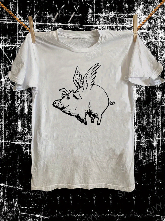 Men's Graphic T-Shirt Hand Drawn Illustration With Wings Flying Pig