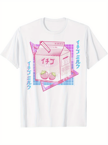 Men's Graphic T-Shirt Geometric Retro Design With Pink Strawberry Milk Carton