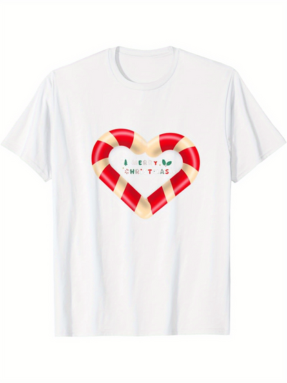 Men's Graphic T-Shirt Merry Christmas Candy Cane Heart With Festive Decorative Red White Stripes Design
