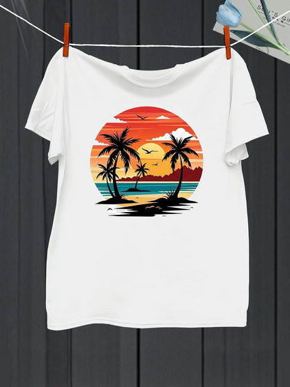 Men's Graphic T-Shirt Vibrant Tropical Sunset With Palm Trees Reflected Over Calm Seaside Beach