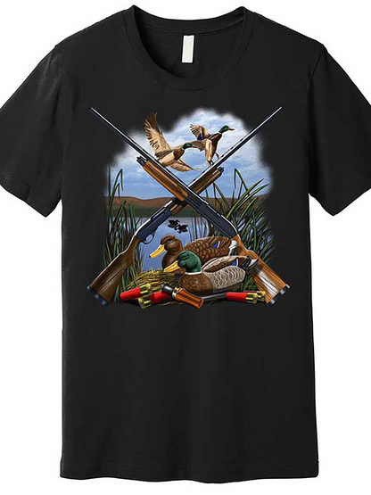 Men's Graphic T-Shirt Peaceful Marsh Scene With Flying Birds Wild Grass And Shotguns Duck