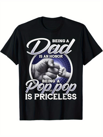 Men's Graphic T-Shirt Being A Dad Is An Honor Being A Pop Pop Is Priceless With Fist Bump Art Surrounded By Blue Circle
