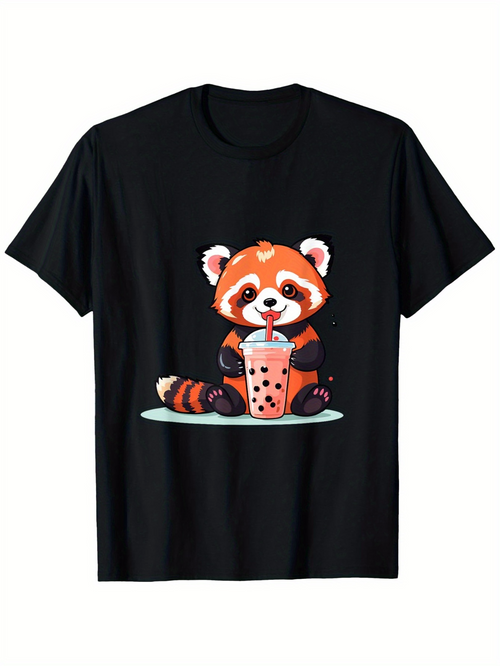 Men's Graphic T-Shirt Adorable Red Panda Drinking Bubble Tea With Happy Little Face