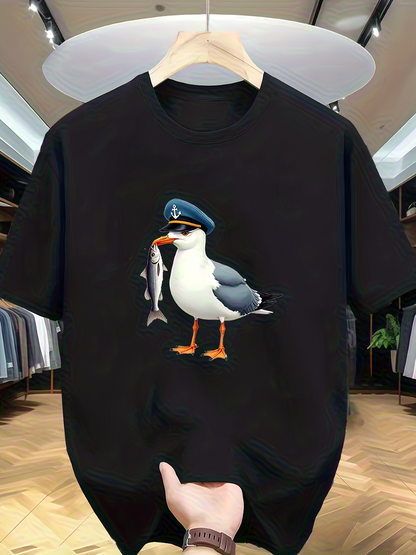Men's Graphic T-Shirt Cartoon Seagull With Blue Hat Carrying Fish Seagull