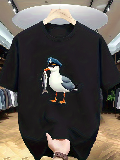 Men's Graphic T-Shirt Cartoon Seagull With Blue Hat Carrying Fish Seagull
