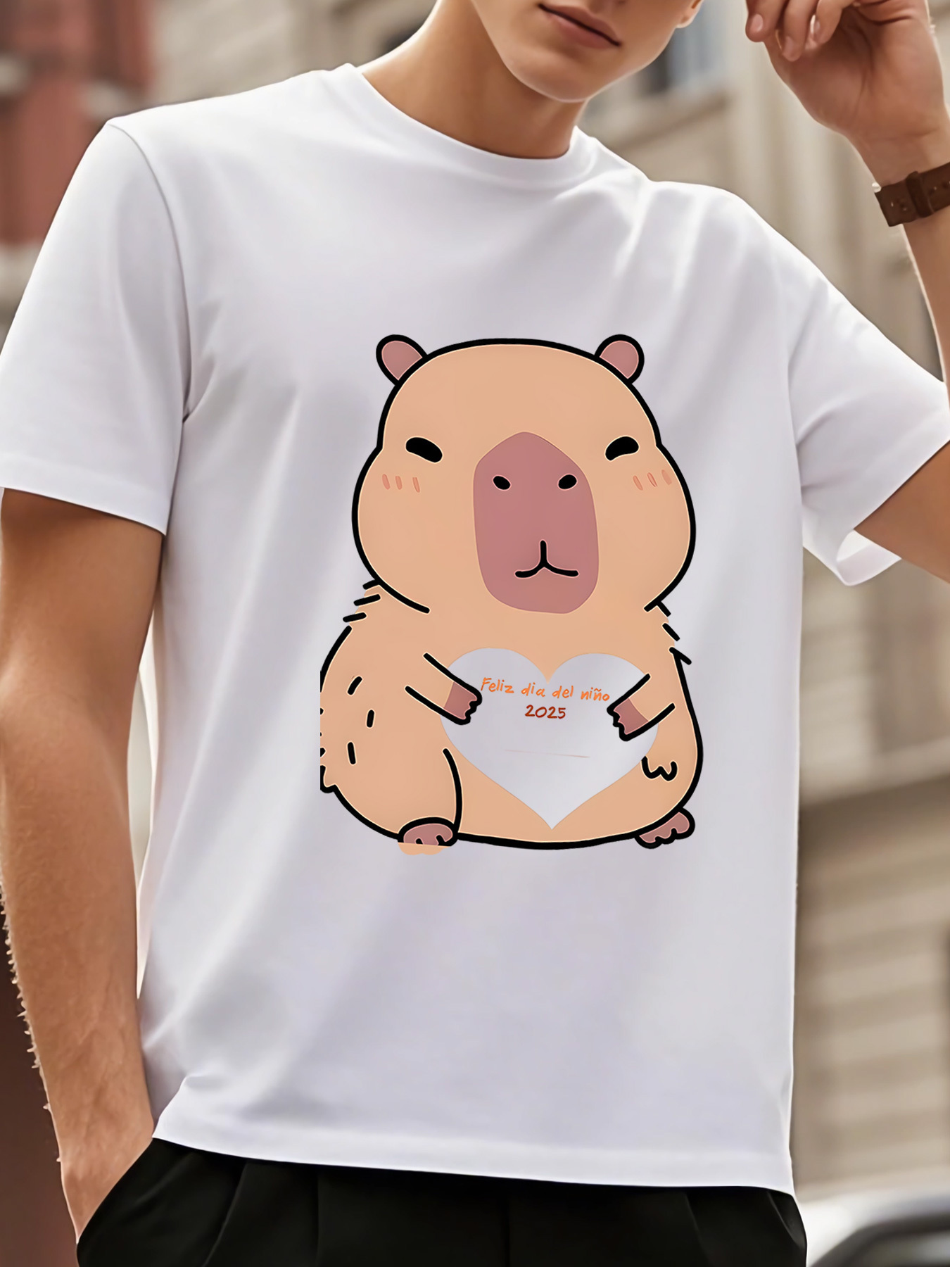 Men's Graphic T-Shirt Adorable Cartoon Style Smiling Capybara With Heart Shaped Sign