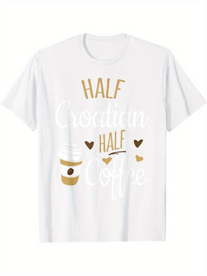 Men's Graphic T-Shirt Half Croatian Half Coffee With Cute Hearts And Coffee Cup Motif