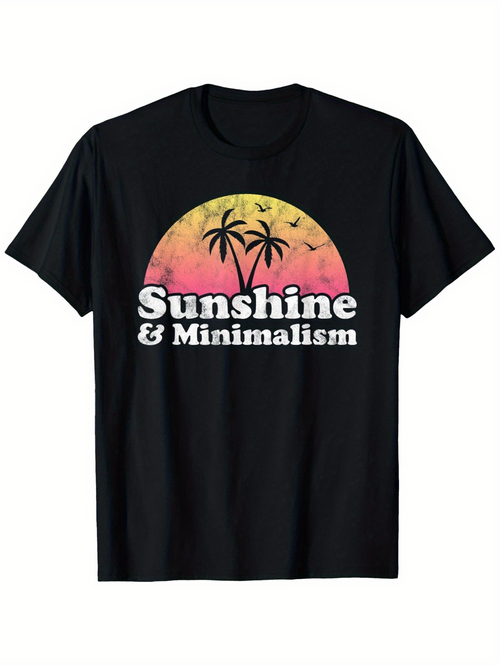 Men's Graphic T-Shirt Sunshine Minimalism With Silhouetted Palm Trees Under A Pastel Sunset Sky