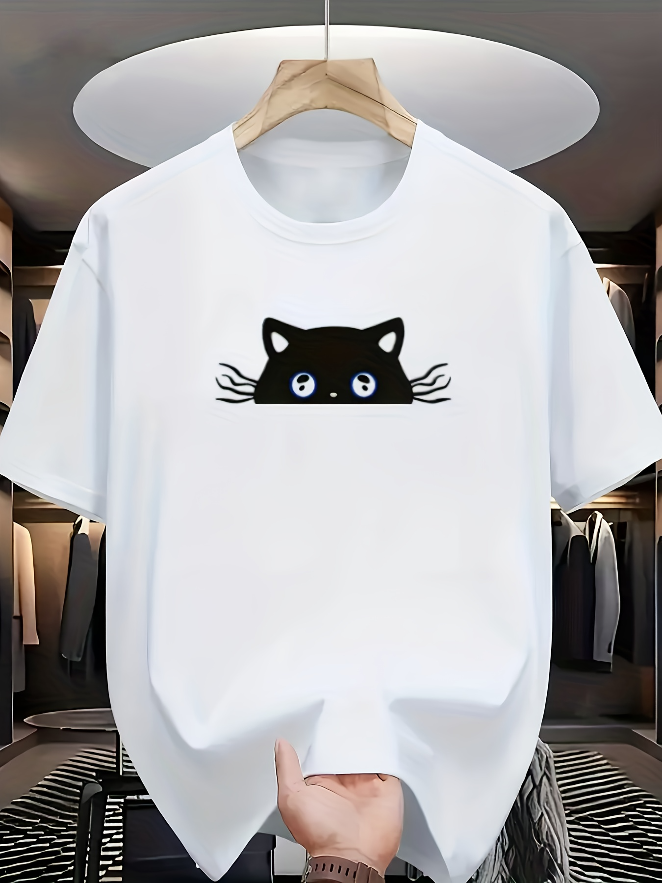 Men's Graphic T-Shirt Wide Eyed Curious Black Cat Peeking Quietly From Hidden Shadows Cat