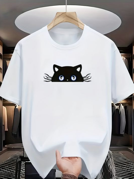 Men's Graphic T-Shirt Wide Eyed Curious Black Cat Peeking Quietly From Hidden Shadows Cat