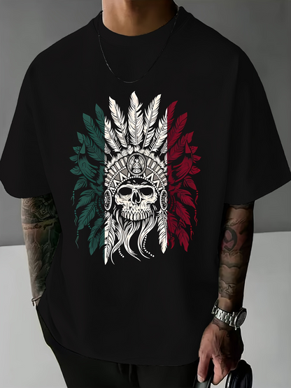 Men's Graphic T-Shirt Tribal Skull With Feathers Surrounded By Green And Red Leaves