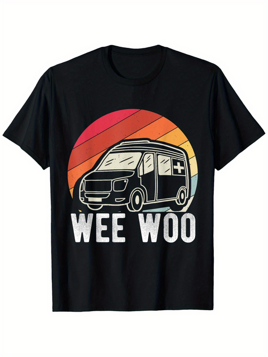 Men's Graphic T-Shirt Wee Woo Vintage Sunset Ambulance Graphic With Rainbow Colors Emergency Vehicle