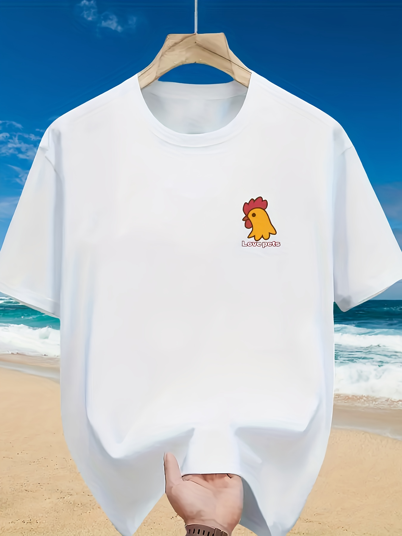 Men's Graphic T-Shirt Small Cartoon Chicken With Red Comb On A White Cotton Beach T Shirt