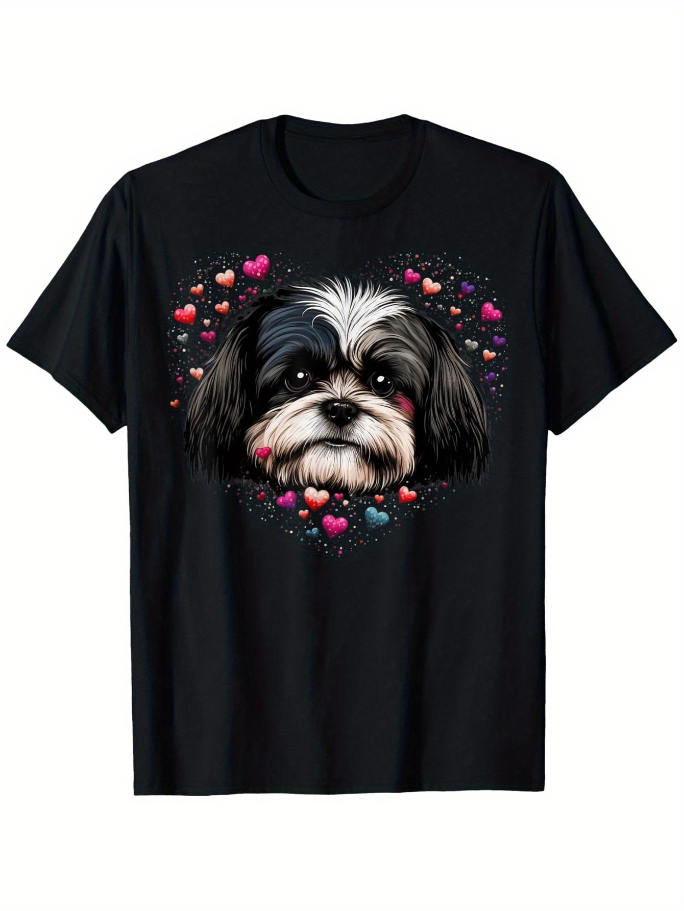 Men's Graphic T-Shirt Adorable Puppy Face With Scattered Colorful Hearts Under Playful Expressions Dog