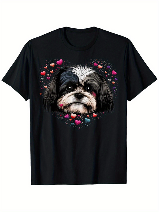 Men's Graphic T-Shirt Adorable Puppy Face With Scattered Colorful Hearts Under Playful Expressions Dog
