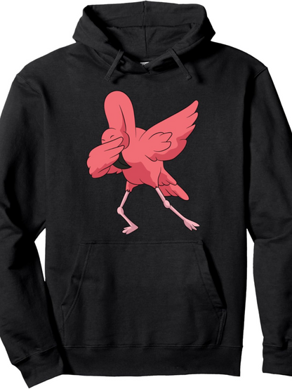 Men's Graphic Hoodie Pink Cartoon Style Bird Dancing With Upraised Wings Flamingo
