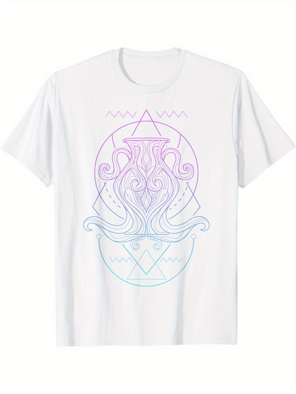 Men's Graphic T-Shirt Geometric Line Art With Ocean Wave Inspired Abstract Octopus