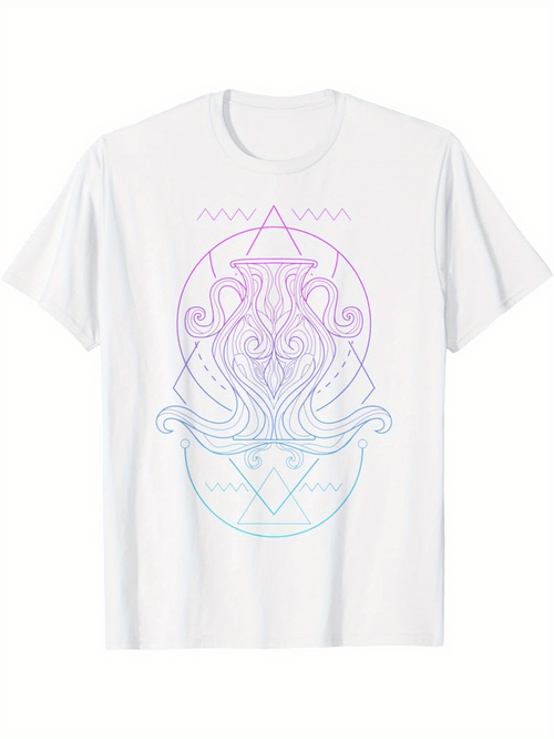 Men's Graphic T-Shirt Geometric Line Art With Ocean Wave Inspired Abstract Octopus