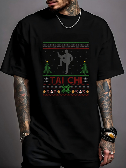 Men's Graphic T-Shirt Tai Chi Christmas Snowflakes With Martial Art Silhouette Among Festive Pine Trees