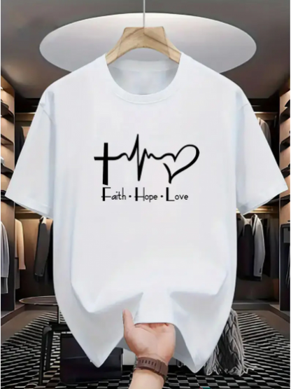 Men's Graphic T-Shirt Faith Hope Love Heartbeat Lines With Cross And Heart