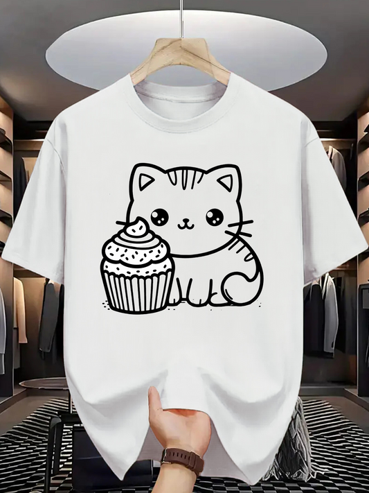 Men's Graphic T-Shirt Sweet Frosted Cupcake With Smiling Kitten Illustration Sitting Beside Cat