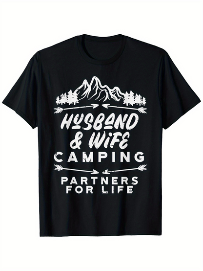 Men's Graphic T-Shirt Husband Wife Camping Under Snowy Mountains And Pine Forest T Shirt