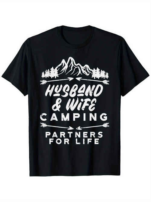 Men's Graphic T-Shirt Husband Wife Camping Under Snowy Mountains And Pine Forest T Shirt