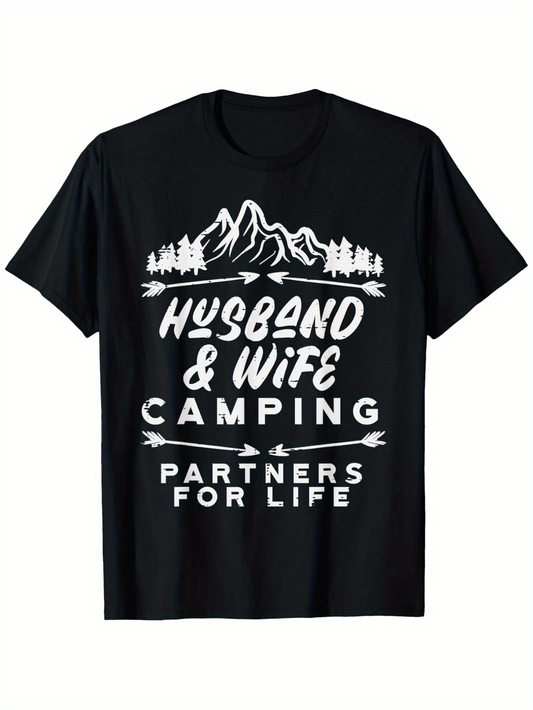 Men's Graphic T-Shirt Husband Wife Camping Under Snowy Mountains And Pine Forest T Shirt