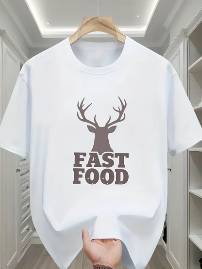 Men's Graphic T-Shirt Fast Food Playful Bold Lettering With Deer Silhouette Design