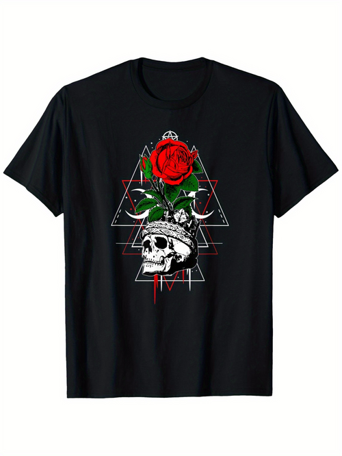 Men's Graphic T-Shirt Blooming Red Rose And Geometric Triangles Over Detailed Human Skull