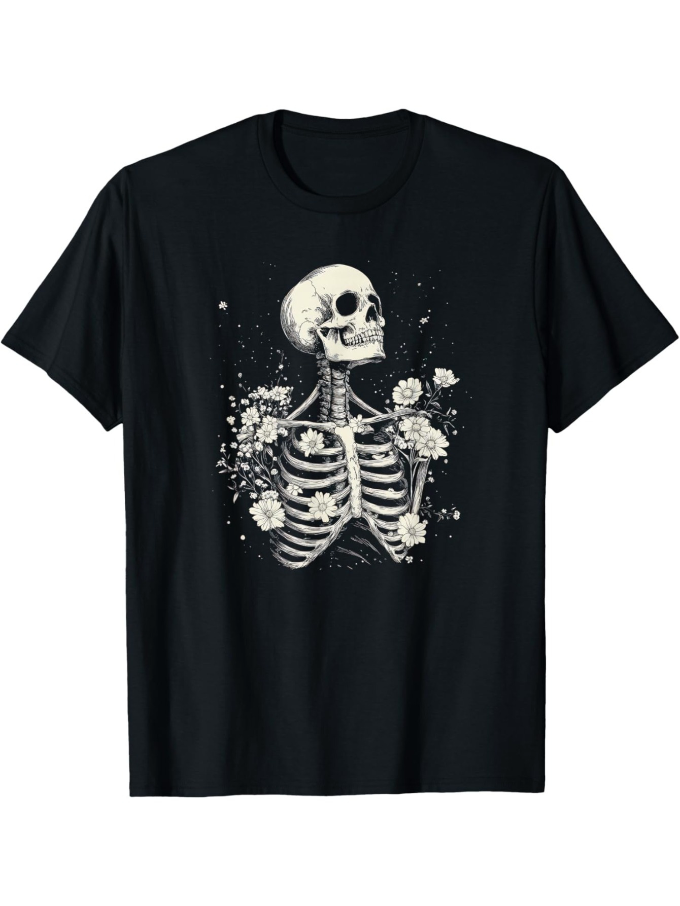 Men's Graphic T-Shirt Elegant Skeleton Surrounded By Blooming Wildflowers In Midnight Darkness Skeleton