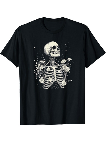 Men's Graphic T-Shirt Elegant Skeleton Surrounded By Blooming Wildflowers In Midnight Darkness Skeleton
