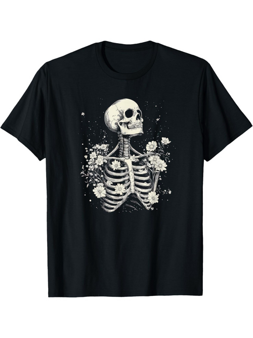 Men's Graphic T-Shirt Elegant Skeleton Surrounded By Blooming Wildflowers In Midnight Darkness Skeleton