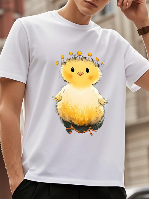 Men's Graphic T-Shirt Fluffy Yellow Chick With Sunflower Crown On Green Grass Chick