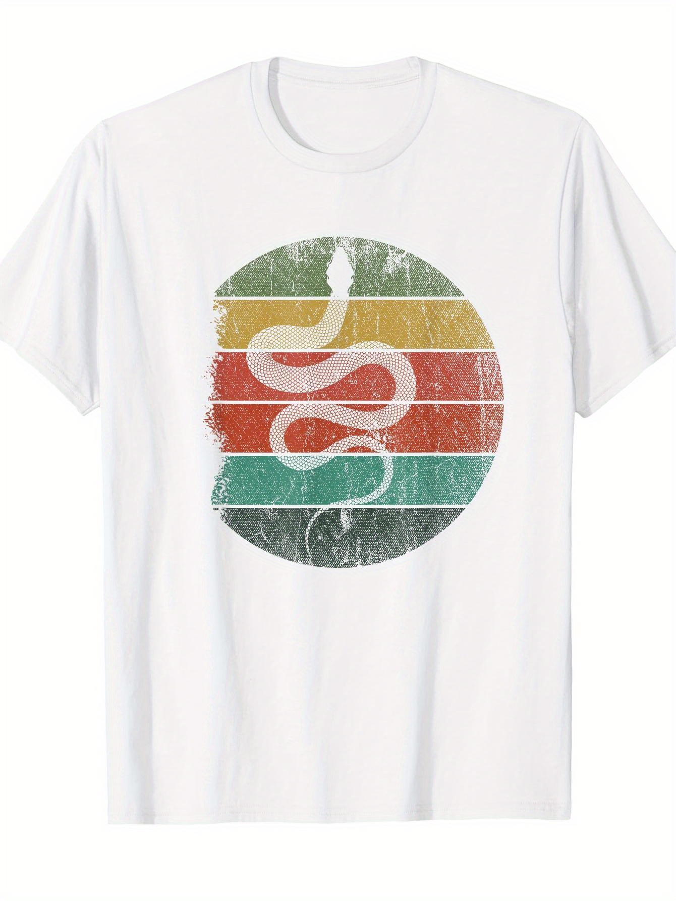 Men's Graphic T-Shirt Retro Distressed Circle With Colorful Stripes And White Serpent Snake