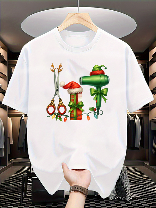 Men's Graphic T-Shirt Colorful Holiday Ribbon With Scissors And Classic Hair Dryer