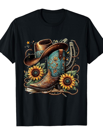 Men's Graphic T-Shirt Vibrant Sunflower Blooms With Embroidered Cowboy Boot And Western Hat