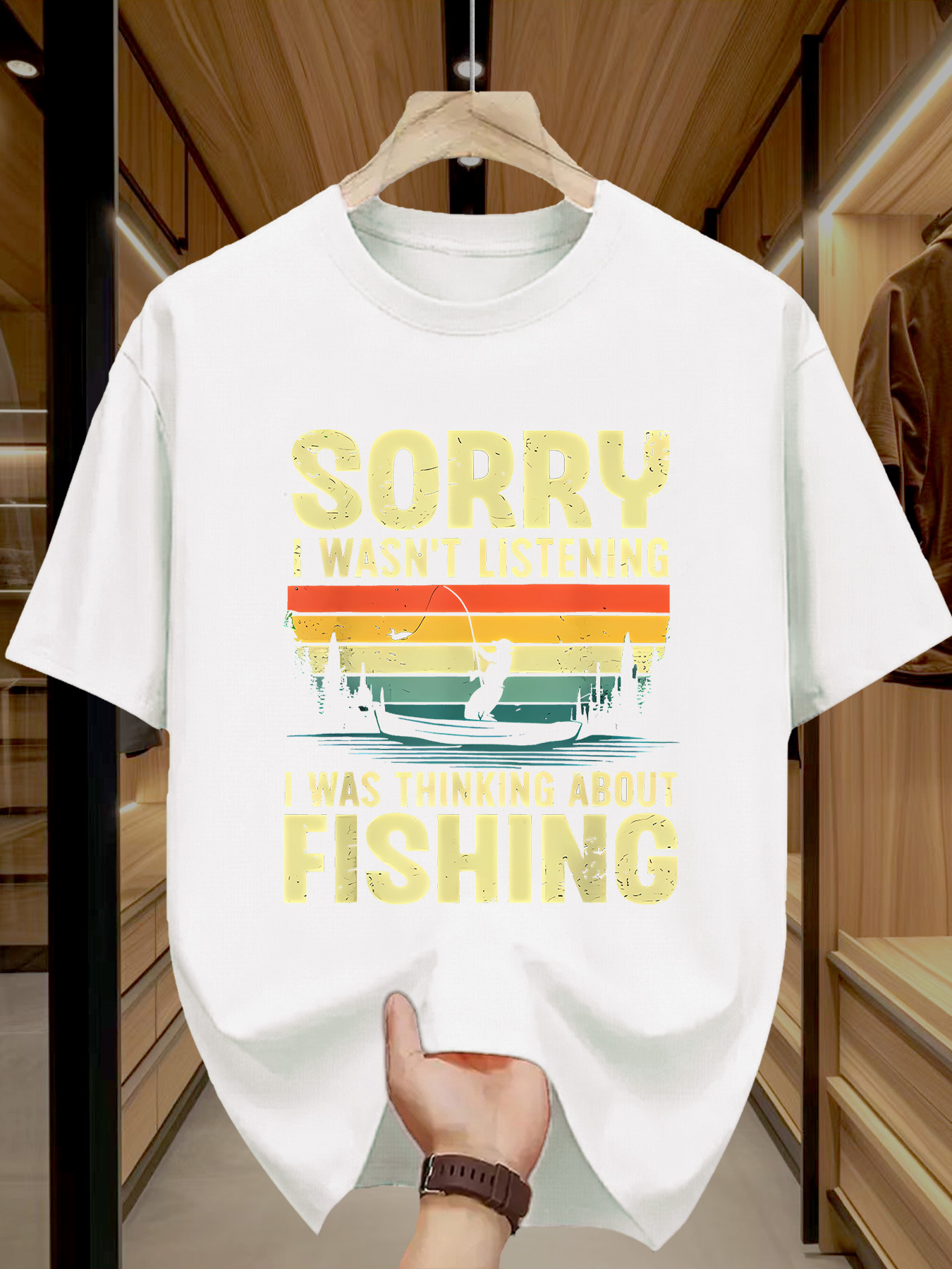 Men's Graphic T-Shirt Sorry I Was Thinking About Fishing With Retro Sunset And Silhouetted Trees Boat